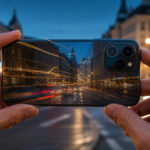 Pametni telefon snima večernji grad uz računalnu obradu fotografije