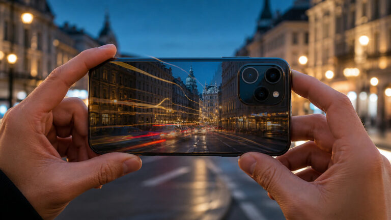 Pametni telefon snima večernji grad uz računalnu obradu fotografije