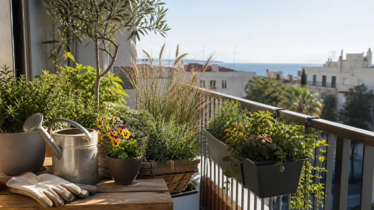 Uređen gradski balkon s biljkama i teglama pripremljenima za ranu jesen
