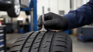 Cjelogodišnja automobilska guma pregledana mjeračem dubine profila
