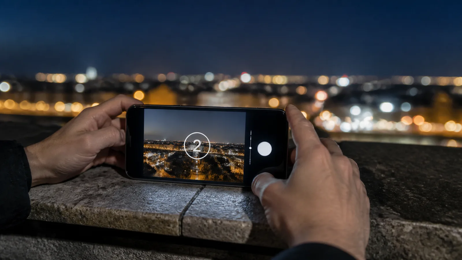 Ruke stabiliziraju telefon na ogradi dok tajmer noćnog načina odbrojava