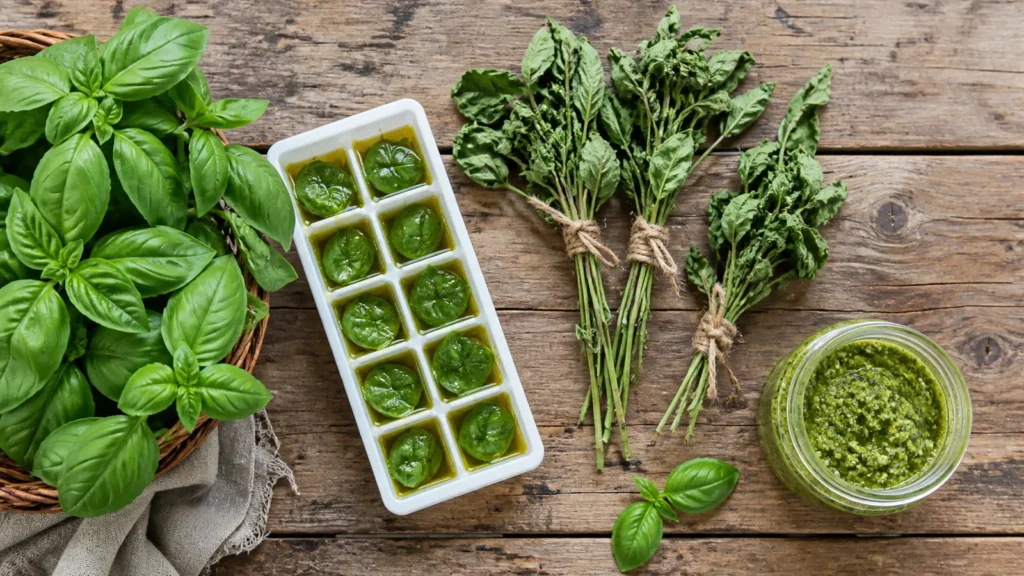 Svježi bosiljak pripremljen za zamrzavanje, sušenje i domaći pesto