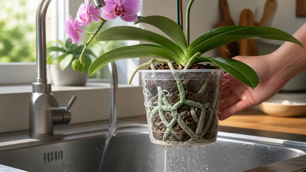 Zalijevanje orhideje Phalaenopsis uz provjeru srebrnastog korijenja u prozirnoj posudi
