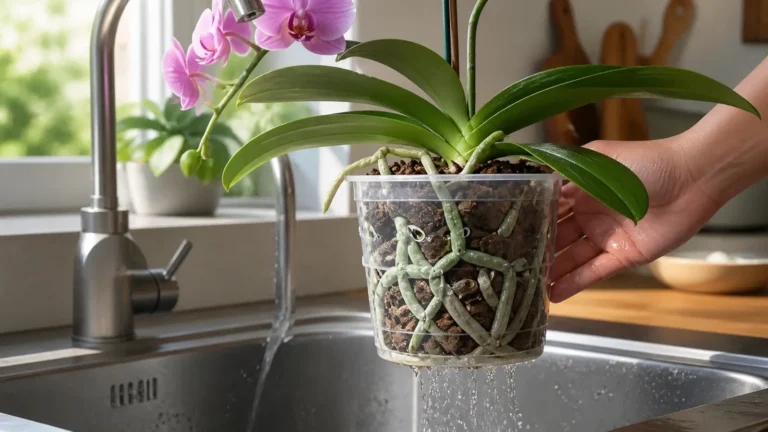 Zalijevanje orhideje Phalaenopsis uz provjeru srebrnastog korijenja u prozirnoj posudi