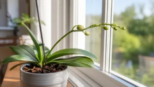 Kako potaknuti orhideju da ponovno procvjeta 2 Zdrava Phalaenopsis orhideja s novom cvjetnom stapkom uz prozor s filtriranim svjetlom
