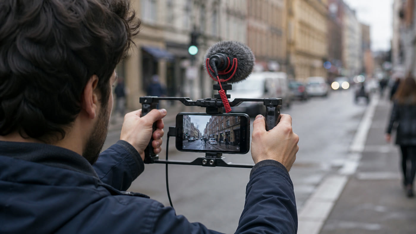 Autor snima grad pametnim telefonom postavljenim u mali profesionalni rig
