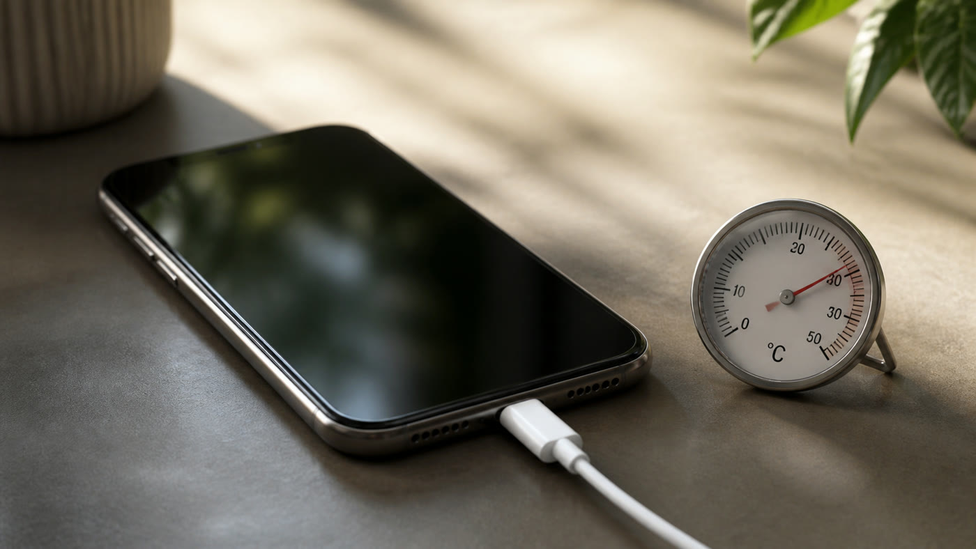 Telefon se puni na stolu uz prozračan prostor i mjerač temperature