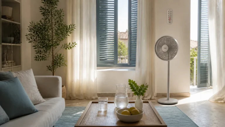 Rashlađen ljetni stan sa spuštenim roletama, laganim zavjesama i ventilatorom