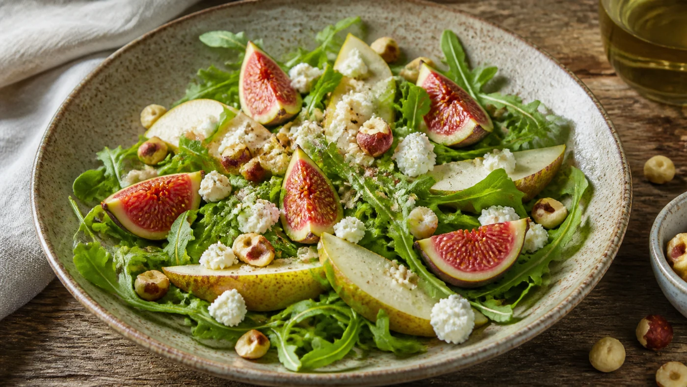 Salata od rikule, smokava, kruške, sira i preprženih lješnjaka