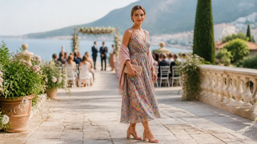 Elegantna gošća u prozračnoj haljini prikladnoj za ljetno vjenčanje