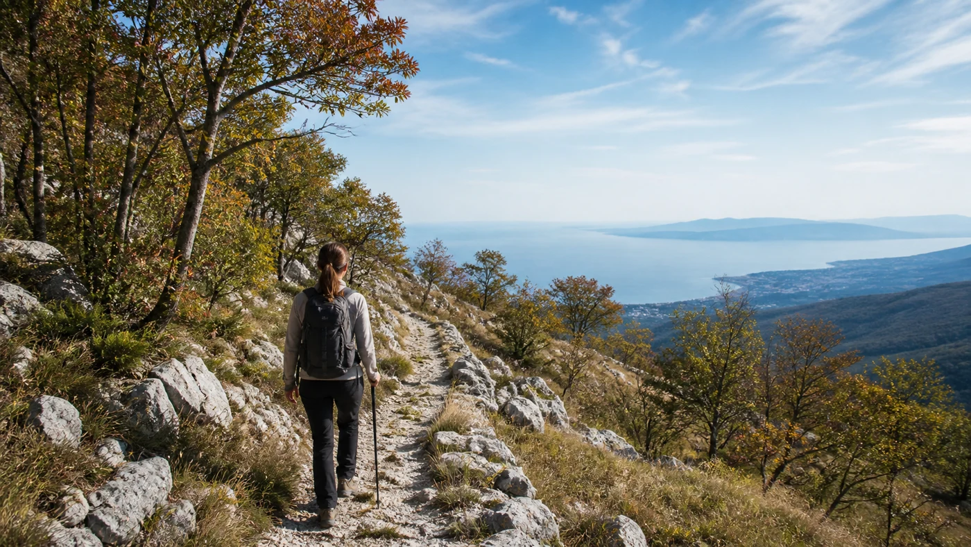 Planinarska staza prema Vojaku na Učki u ranu jesen s pogledom na Kvarner