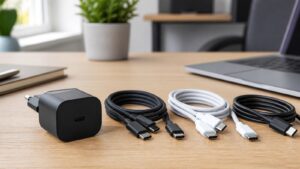 Nekoliko USB-C kabela i punjač na čistoj radnoj površini