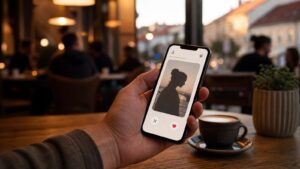 Osoba drži pametni telefon s neutralnim sučeljem aplikacije za upoznavanje bez logotipa