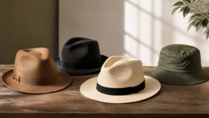 Fedora trilby panama i bucket šešir uredno poredani u modnom studiju