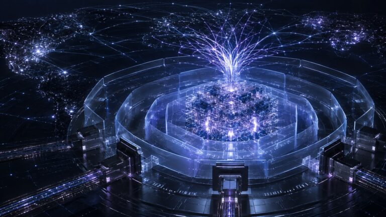 Frontier AI system surrounded by layered cyber safeguards – AI-generated illustration