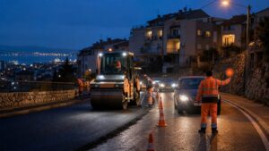 Noćna obnova kolnika na riječkoj prometnici – AI-generirana ilustracija