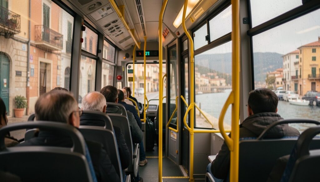 Putnici u gradskom autobusu, kroz prozore se vide kuće uz more