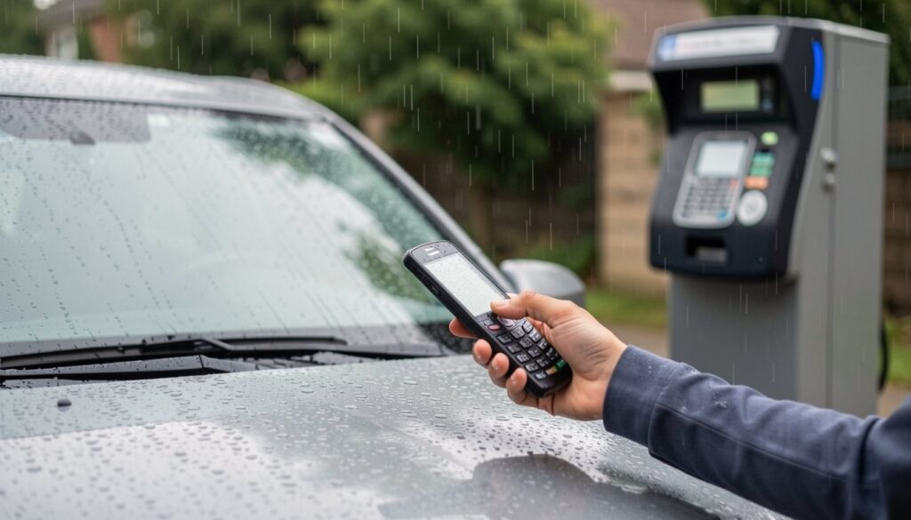 Plaćanje parkiranja mobitelom uz automobil i parkirni automat po kiši